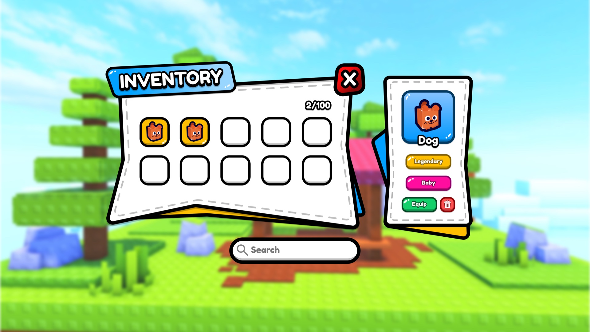 Bright cartoon-style pet inventory — a ten-slot grid with a dashed border, a search field, and a pet detail card showing rarity, age and equip actions